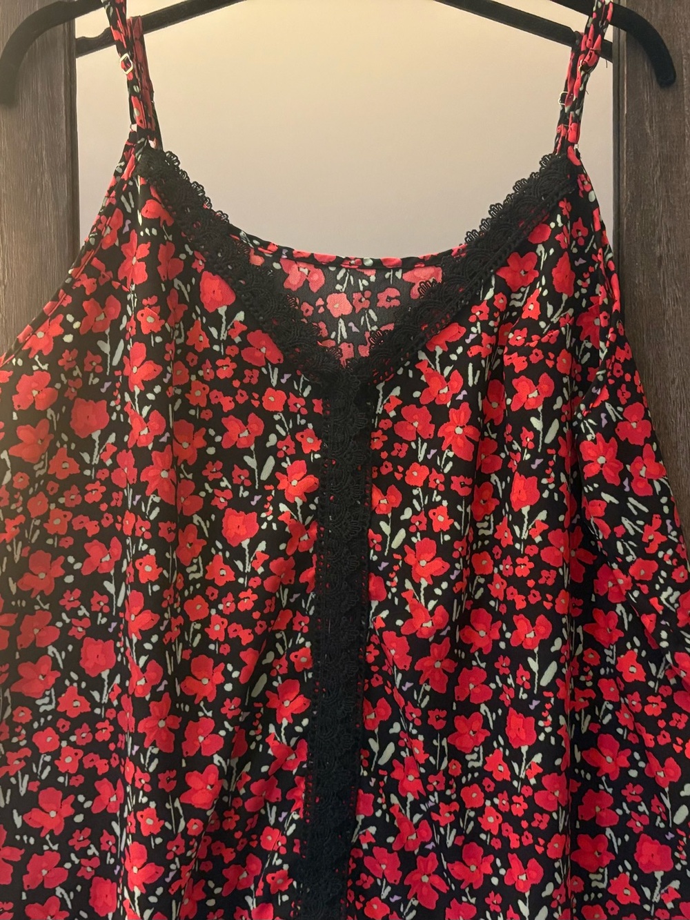 SHEIN Black Cami with Red Floral Print and Lace Trim